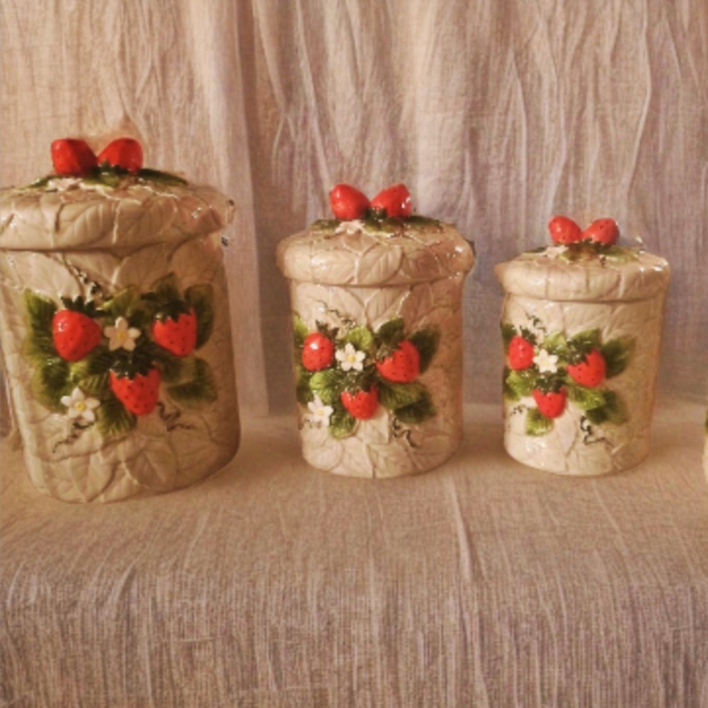 Vintage Strawberry Canister Set Sears, Roebuck and Co. Ceramic Canister